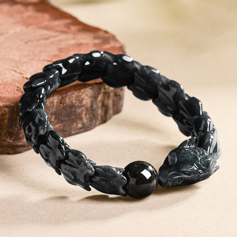 Natural Mystic Black Jadeite Dragon Bone Adjustable Bracelet - Gift Boxed with Certification | Ethical Luxury Jewelery | Unique Holiday Gift for Men & Women
