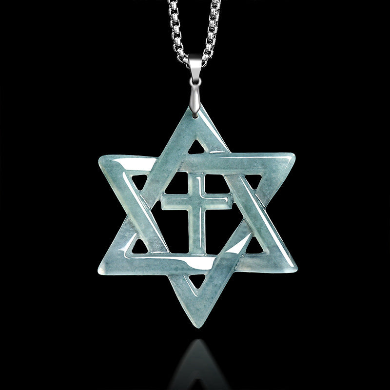 Sterling Silver Hexagram Cross Necklace with Natural A-Grade Blue Water Jadeite
