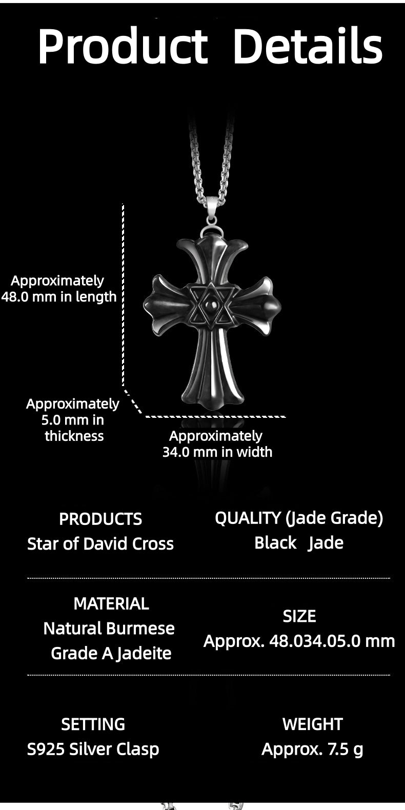 Natural Black Jadeite Hexagram Cross Pendant Necklace | Sterling Silver Clasp | Gift Box with Certification | Spiritual Jewelry, Witchcraft Protection, Unique Holiday Gift