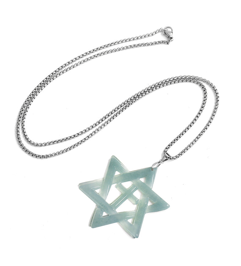 Sterling Silver Hexagram Cross Necklace with Natural A-Grade Blue Water Jadeite