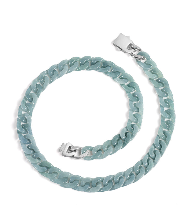 Sterling Men's Jade Necklace Gift | Solid Natural Jadeite Cuban Link Chain | Titanium Steel Clasp in Blue, Green, White
