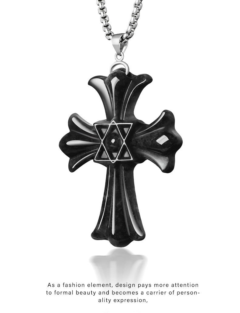 Natural Black Jadeite Hexagram Cross Pendant Necklace | Sterling Silver Clasp | Gift Box with Certification | Spiritual Jewelry, Witchcraft Protection, Unique Holiday Gift