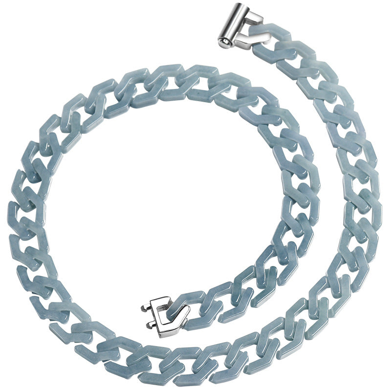 Handmade Natural Grade A Jade Cuban Chain Necklace, Blue Jadeite Hip Hop Titanium Steel Pendant, Unisex Streetwear Accessory, Gift for Him