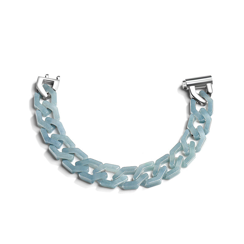 Handmade Natural Grade A Jade Cuban Chain Necklace, Blue Jadeite Hip Hop Titanium Steel Pendant, Unisex Streetwear Accessory, Gift for Him
