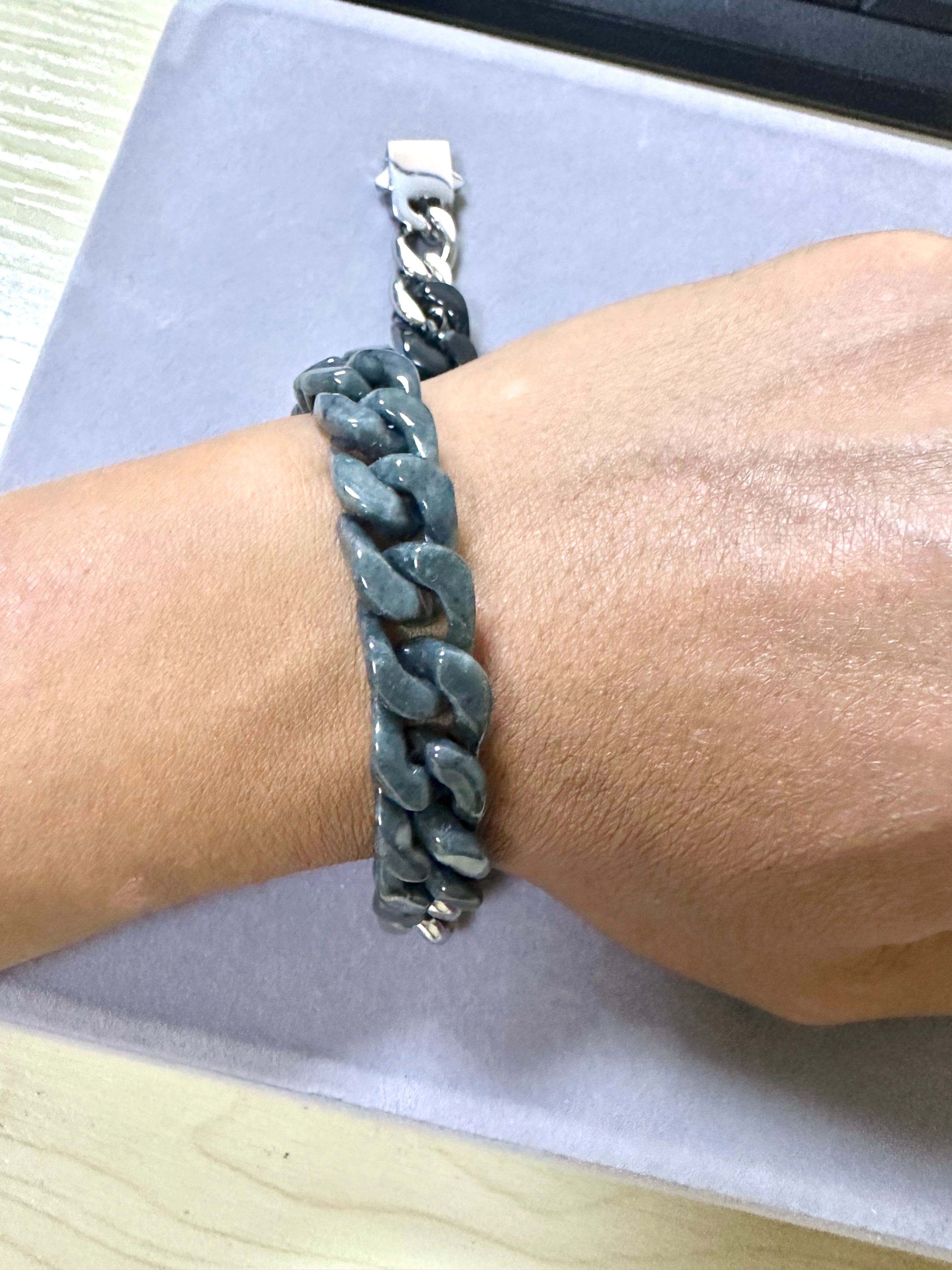 Solid Link Natural Jade Cuban Chain Bracelet - Jet Black & Gun Grey Titanium Steel, Handmade Hiphop Mens Jewelry, Adjustable Unisex Streetwear Accessory