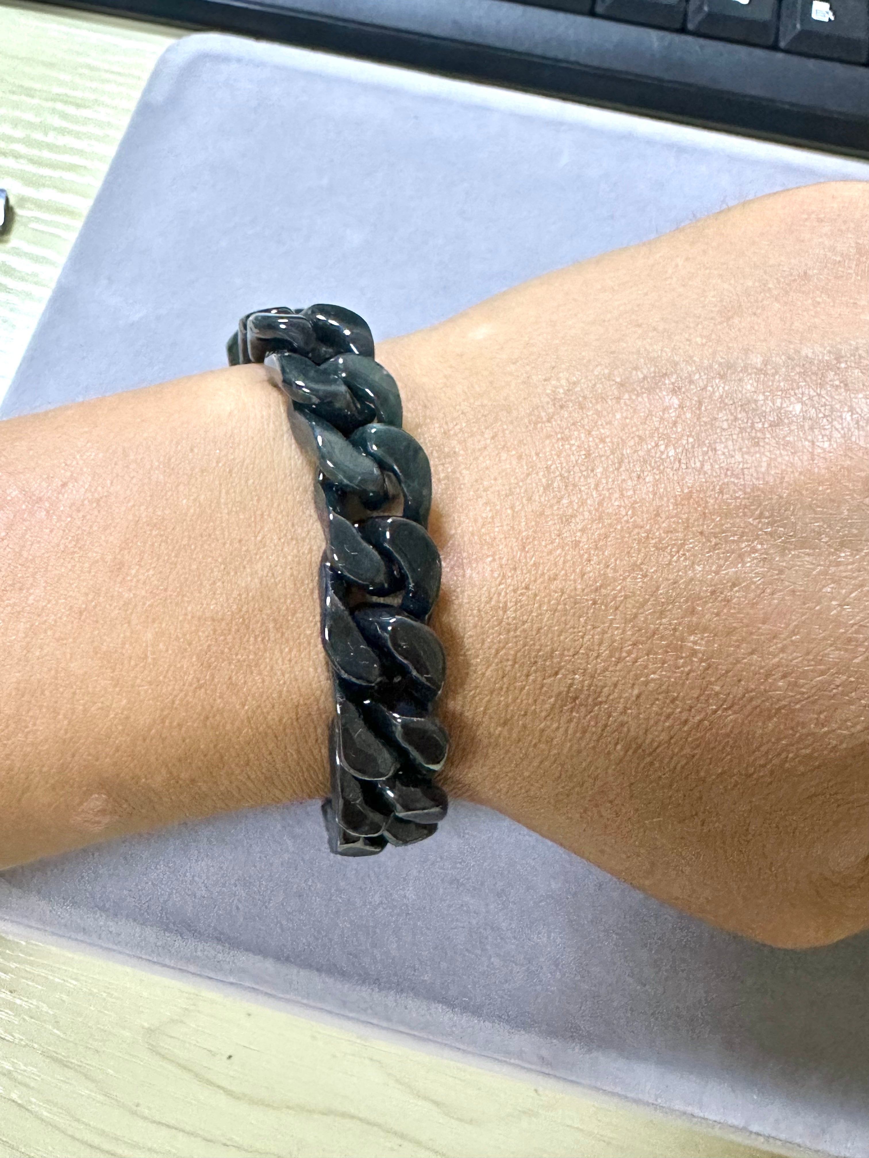 Solid Link Natural Jade Cuban Chain Bracelet - Jet Black & Gun Grey Titanium Steel, Handmade Hiphop Mens Jewelry, Adjustable Unisex Streetwear Accessory