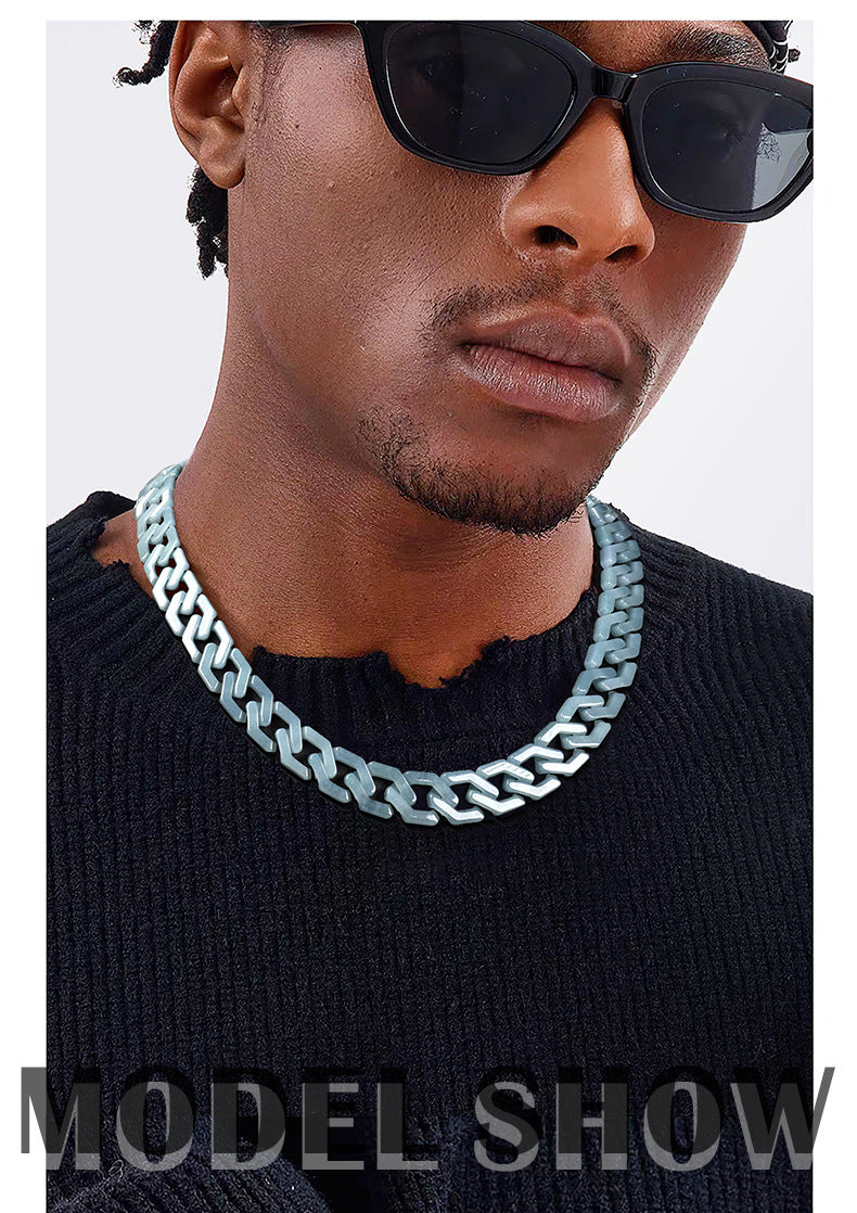 Handmade Natural Grade A Jade Cuban Chain Necklace, Blue Jadeite Hip Hop Titanium Steel Pendant, Unisex Streetwear Accessory, Gift for Him