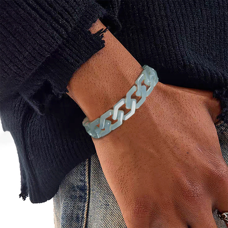 Handmade Natural Grade A Jade Cuban Chain Necklace, Blue Jadeite Hip Hop Titanium Steel Pendant, Unisex Streetwear Accessory, Gift for Him