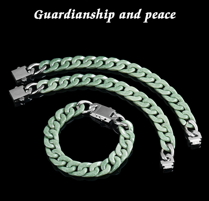 Sterling Men's Jade Necklace Gift | Solid Natural Jadeite Cuban Link Chain | Titanium Steel Clasp in Blue, Green, White