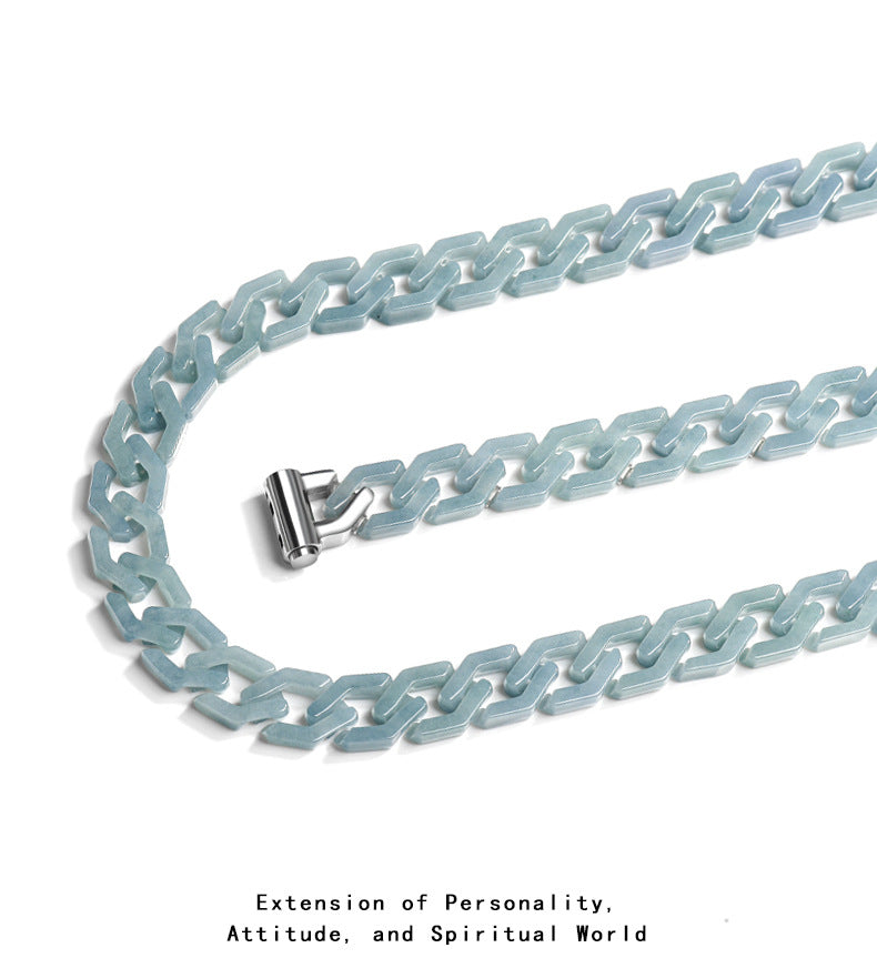 Handmade Natural Grade A Jade Cuban Chain Necklace, Blue Jadeite Hip Hop Titanium Steel Pendant, Unisex Streetwear Accessory, Gift for Him