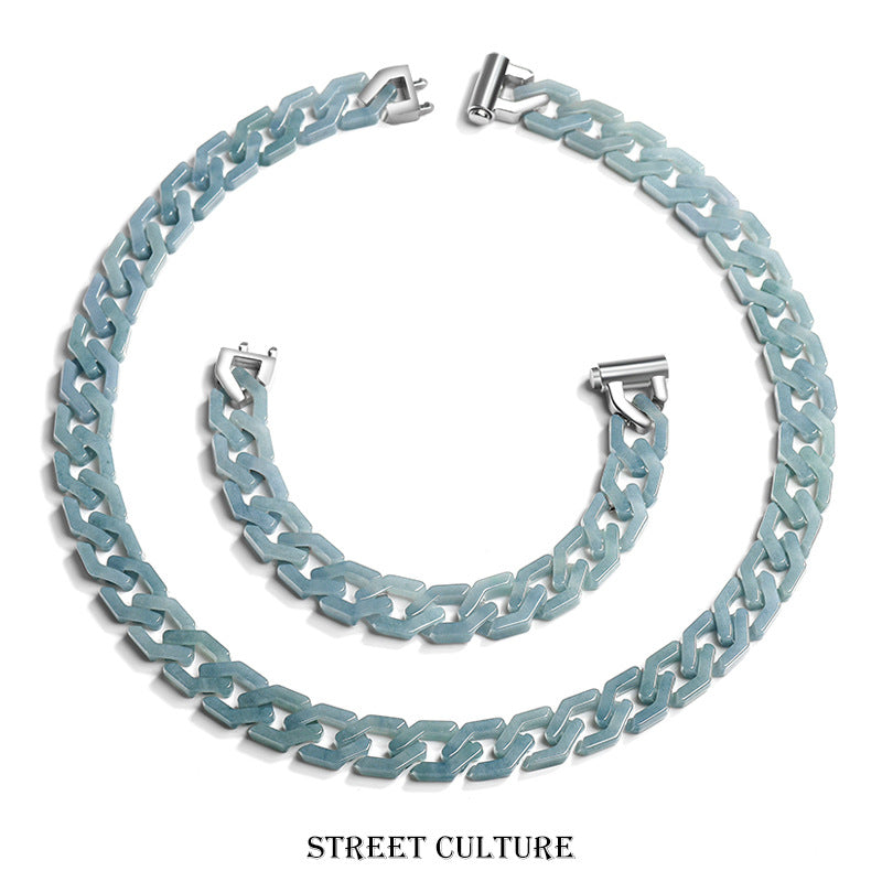 Handmade Natural Grade A Jade Cuban Chain Necklace, Blue Jadeite Hip Hop Titanium Steel Pendant, Unisex Streetwear Accessory, Gift for Him