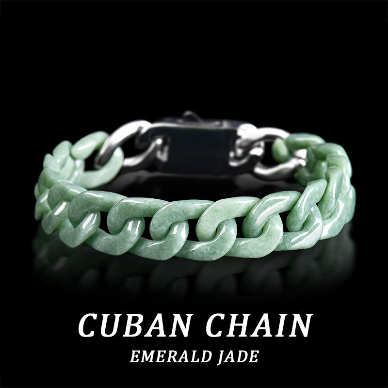Sterling Men's Jade Necklace Gift | Solid Natural Jadeite Cuban Link Chain | Titanium Steel Clasp in Blue, Green, White