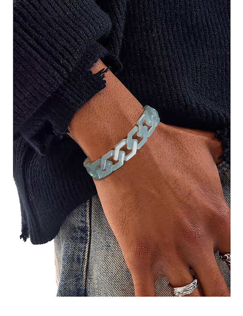 Handmade Natural Grade A Jade Cuban Chain Necklace, Blue Jadeite Hip Hop Titanium Steel Pendant, Unisex Streetwear Accessory, Gift for Him
