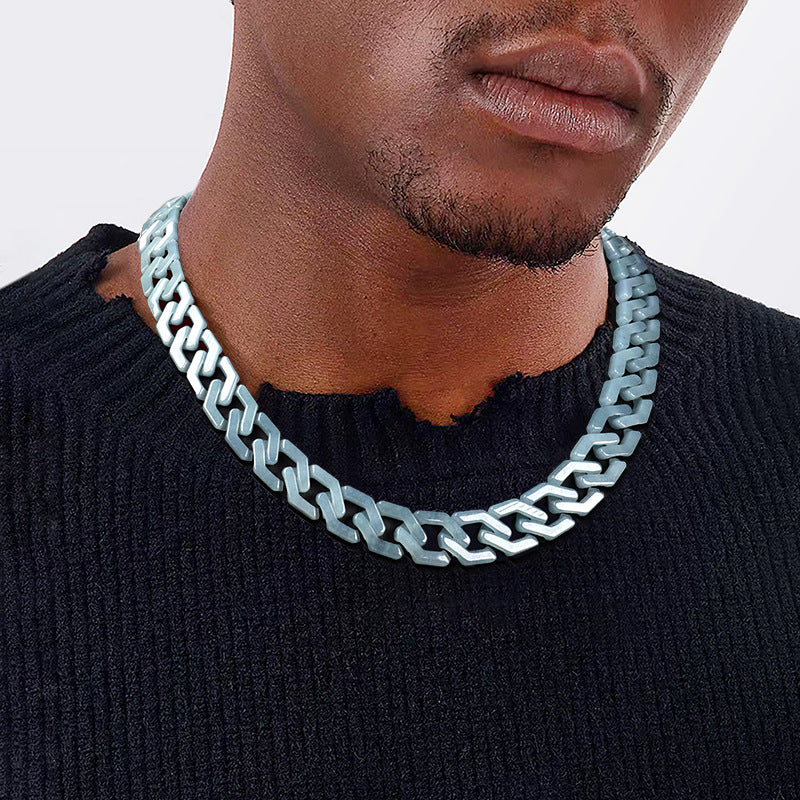 Handmade Natural Grade A Jade Cuban Chain Necklace, Blue Jadeite Hip Hop Titanium Steel Pendant, Unisex Streetwear Accessory, Gift for Him