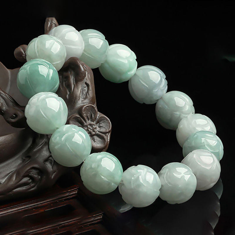 Hand-Carved Natural Grade A Jadeite Bead Bracelet | Adjustable Elastic String | Gift Box with Certification | Spiritual Energy Jewelry, Birthday Gift for Her Him