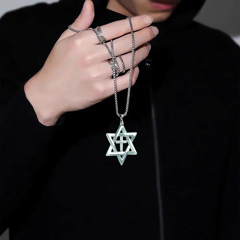 Sterling Silver Hexagram Cross Necklace with Natural A-Grade Blue Water Jadeite