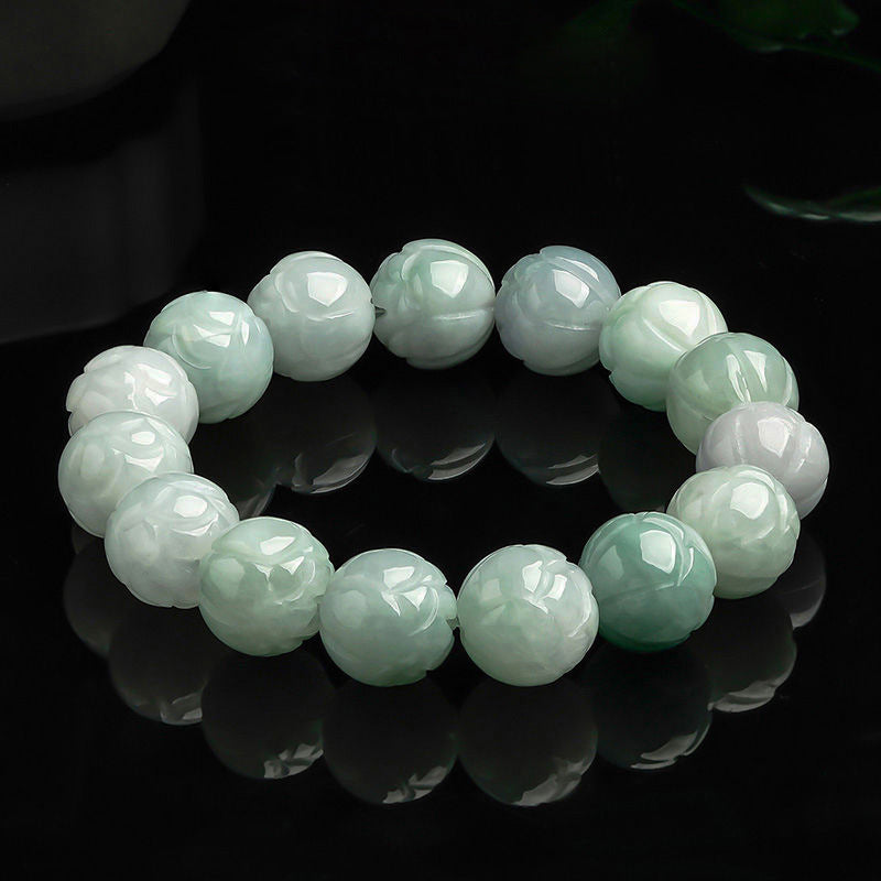 Hand-Carved Natural Grade A Jadeite Bead Bracelet | Adjustable Elastic String | Gift Box with Certification | Spiritual Energy Jewelry, Birthday Gift for Her Him