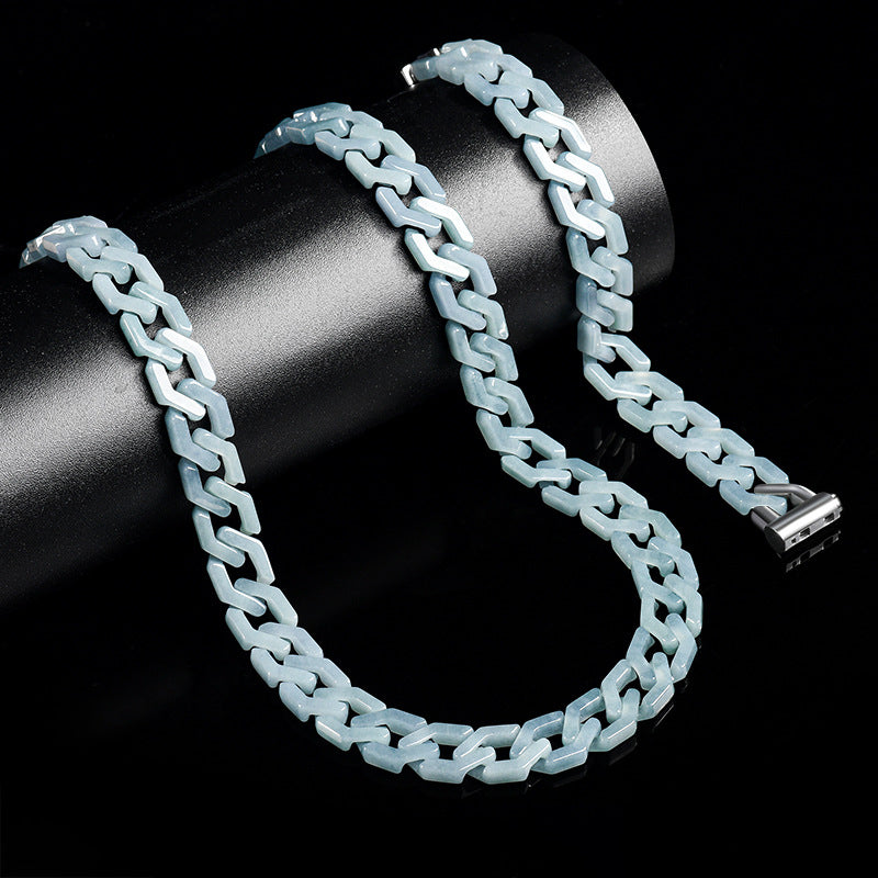 Handmade Natural Grade A Jade Cuban Chain Necklace, Blue Jadeite Hip Hop Titanium Steel Pendant, Unisex Streetwear Accessory, Gift for Him
