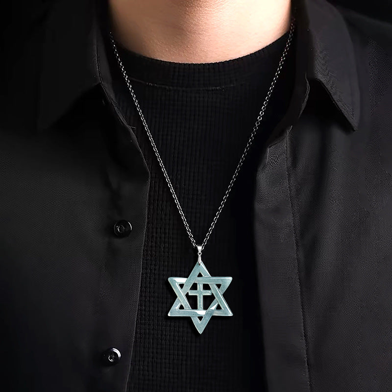 Sterling Silver Hexagram Cross Necklace with Natural A-Grade Blue Water Jadeite