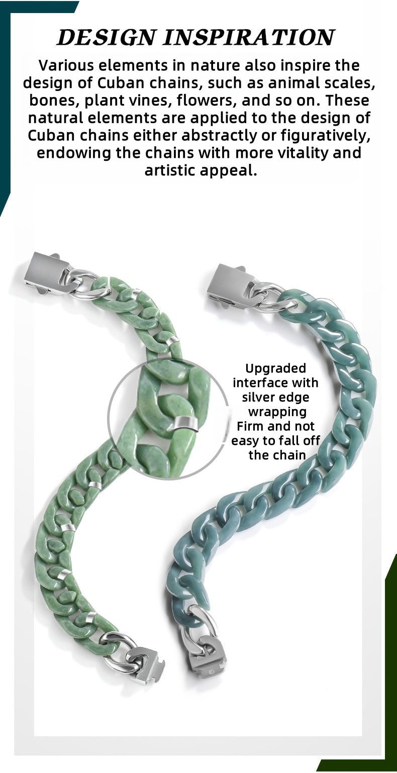Sterling Men's Jade Necklace Gift | Solid Natural Jadeite Cuban Link Chain | Titanium Steel Clasp in Blue, Green, White