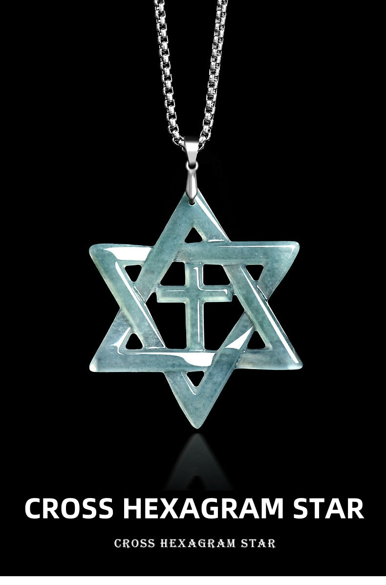 Sterling Silver Hexagram Cross Necklace with Natural A-Grade Blue Water Jadeite