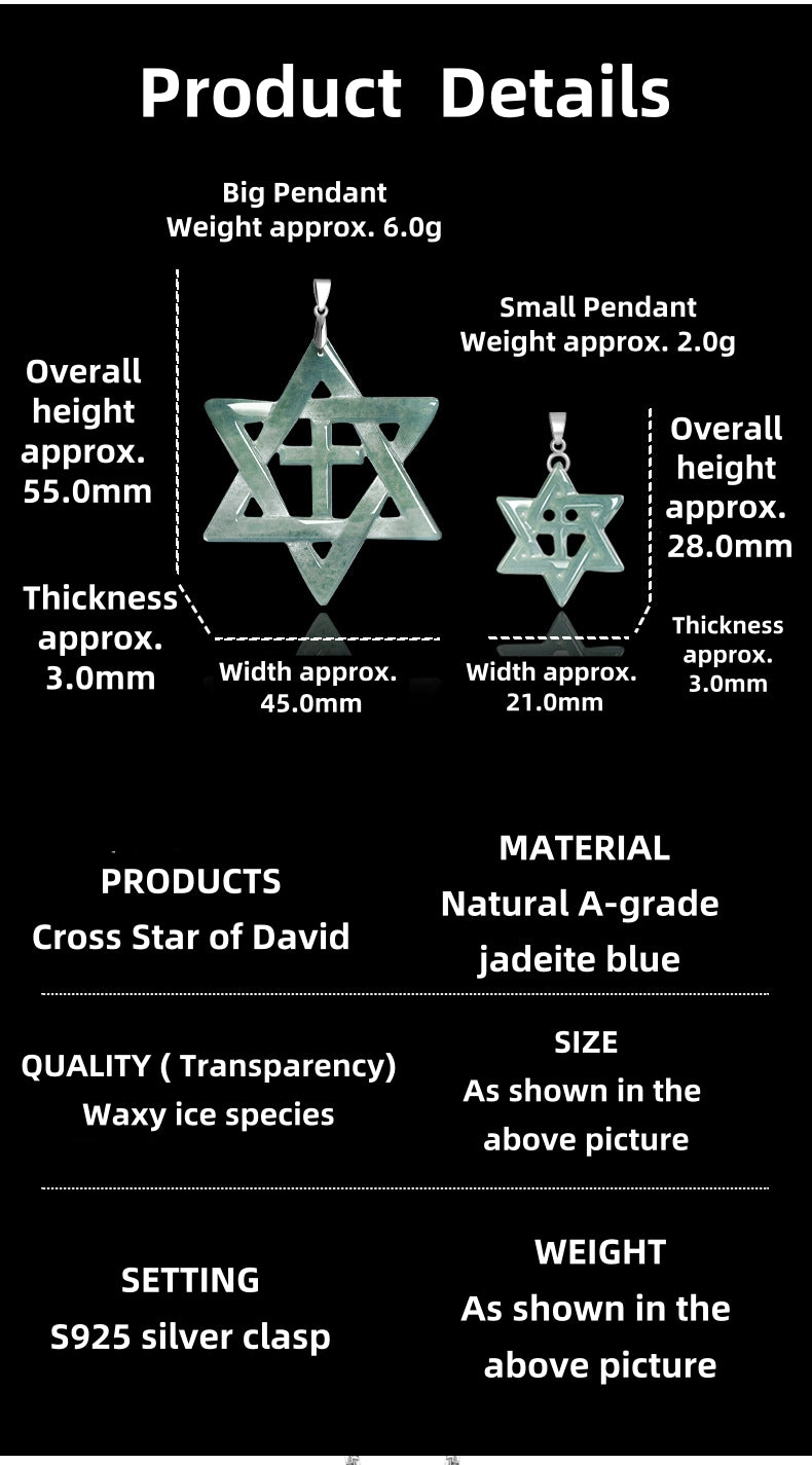Sterling Silver Hexagram Cross Necklace with Natural A-Grade Blue Water Jadeite