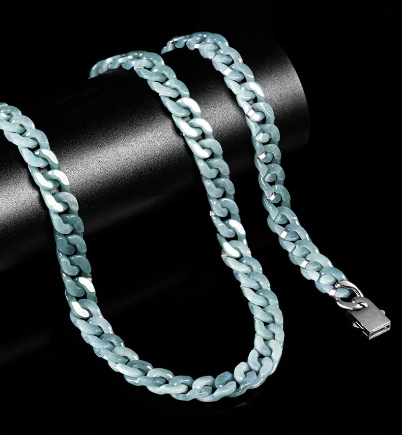 Sterling Men's Jade Necklace Gift | Solid Natural Jadeite Cuban Link Chain | Titanium Steel Clasp in Blue, Green, White