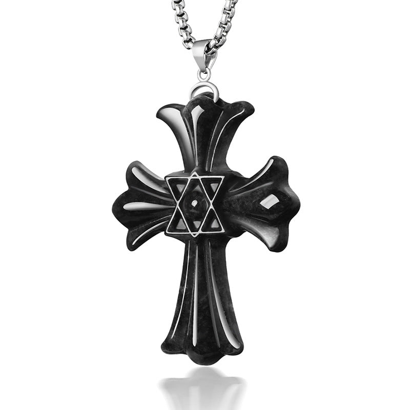 Natural Black Jadeite Hexagram Cross Pendant Necklace | Sterling Silver Clasp | Gift Box with Certification | Spiritual Jewelry, Witchcraft Protection, Unique Holiday Gift