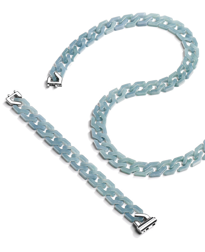 Handmade Natural Grade A Jade Cuban Chain Necklace, Blue Jadeite Hip Hop Titanium Steel Pendant, Unisex Streetwear Accessory, Gift for Him