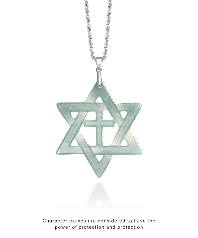 Sterling Silver Hexagram Cross Necklace with Natural A-Grade Blue Water Jadeite