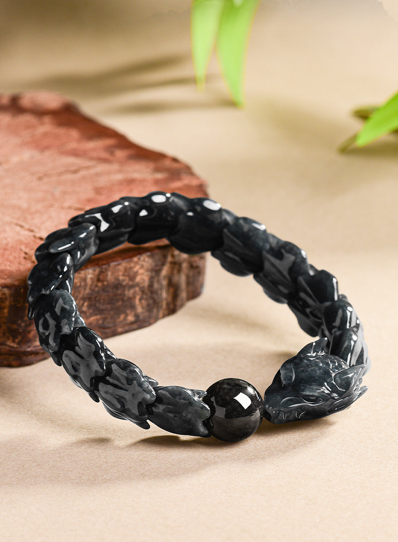Natural Mystic Black Jadeite Dragon Bone Adjustable Bracelet - Gift Boxed with Certification | Ethical Luxury Jewelery | Unique Holiday Gift for Men & Women