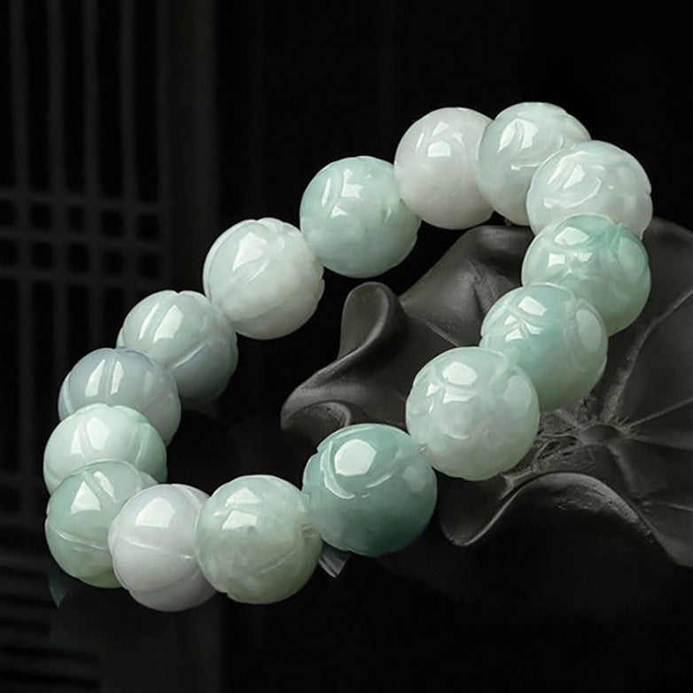 Hand-Carved Natural Grade A Jadeite Bead Bracelet | Adjustable Elastic String | Gift Box with Certification | Spiritual Energy Jewelry, Birthday Gift for Her Him