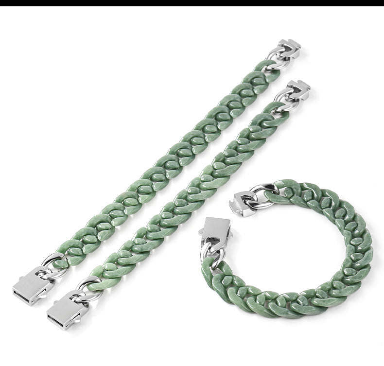 Sterling Men's Jade Necklace Gift | Solid Natural Jadeite Cuban Link Chain | Titanium Steel Clasp in Blue, Green, White