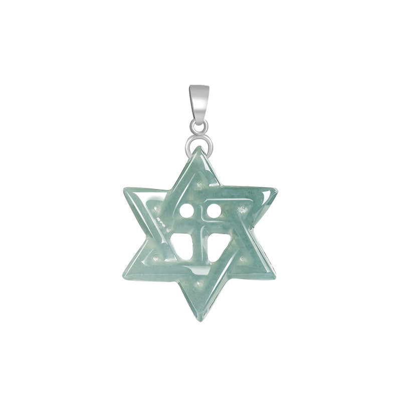 Sterling Silver Hexagram Cross Necklace with Natural A-Grade Blue Water Jadeite