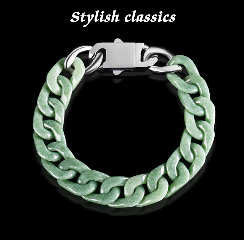 Sterling Men's Jade Necklace Gift | Solid Natural Jadeite Cuban Link Chain | Titanium Steel Clasp in Blue, Green, White