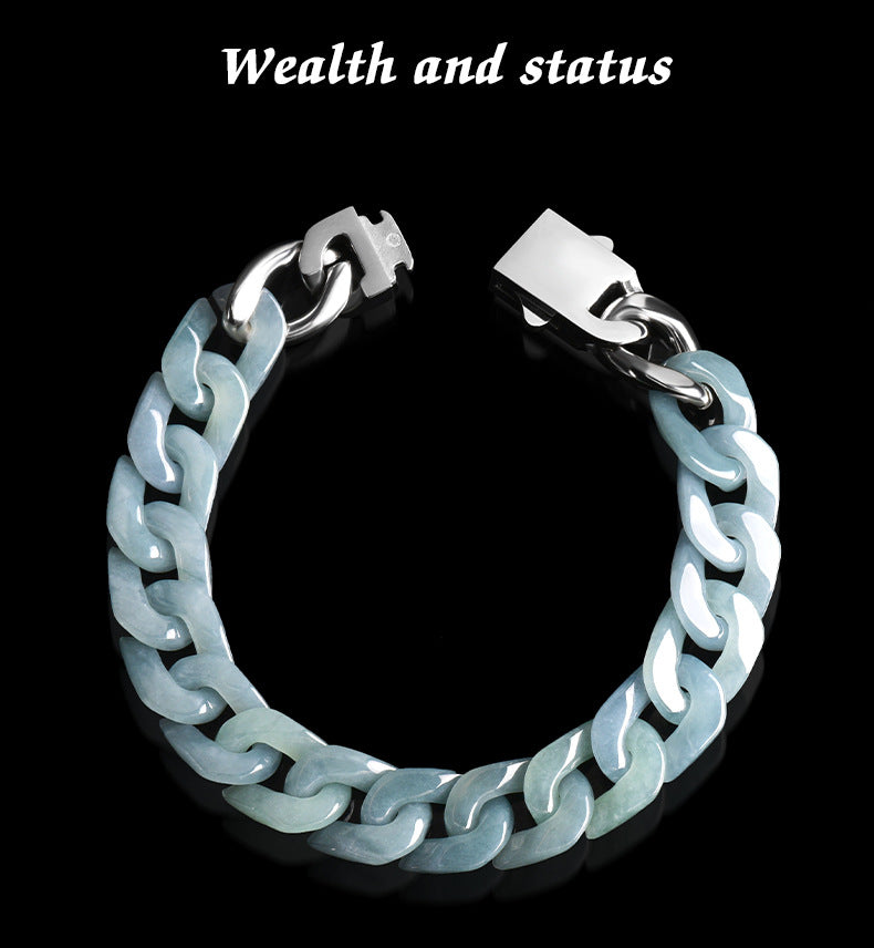 Sterling Men's Jade Necklace Gift | Solid Natural Jadeite Cuban Link Chain | Titanium Steel Clasp in Blue, Green, White