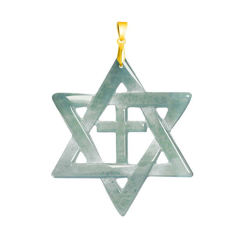 Sterling Silver Hexagram Cross Necklace with Natural A-Grade Blue Water Jadeite