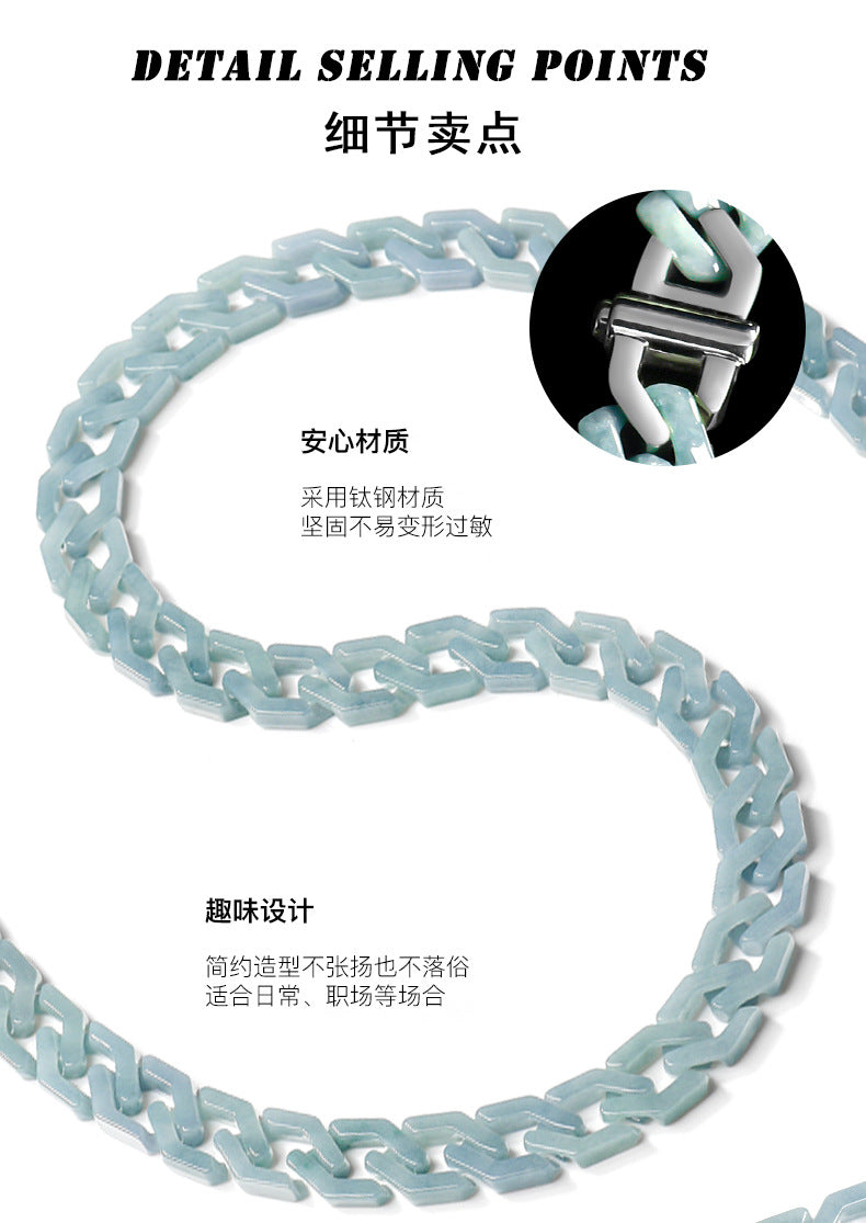 Handmade Natural Grade A Jade Cuban Chain Necklace, Blue Jadeite Hip Hop Titanium Steel Pendant, Unisex Streetwear Accessory, Gift for Him