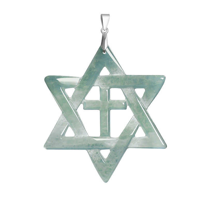 Sterling Silver Hexagram Cross Necklace with Natural A-Grade Blue Water Jadeite