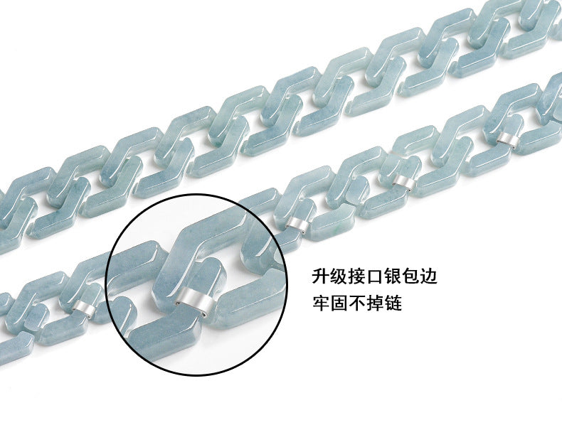 Handmade Natural Grade A Jade Cuban Chain Necklace, Blue Jadeite Hip Hop Titanium Steel Pendant, Unisex Streetwear Accessory, Gift for Him
