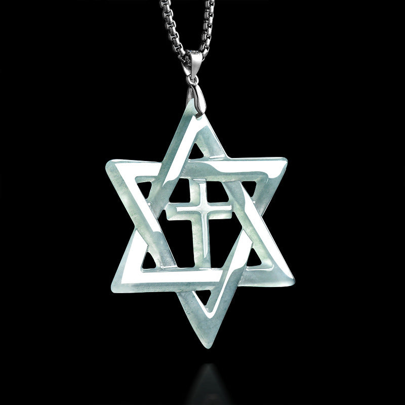Sterling Silver Hexagram Cross Necklace with Natural A-Grade Blue Water Jadeite