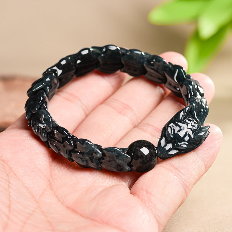 Natural Mystic Black Jadeite Dragon Bone Adjustable Bracelet - Gift Boxed with Certification | Ethical Luxury Jewelery | Unique Holiday Gift for Men & Women